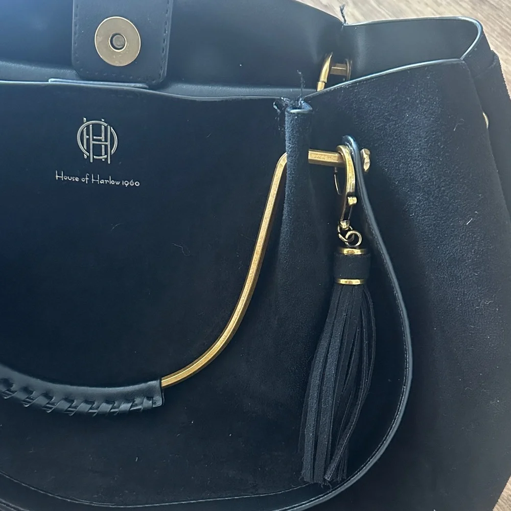 House of Harlow 1960 Black Suede Tote with Gold Hardware